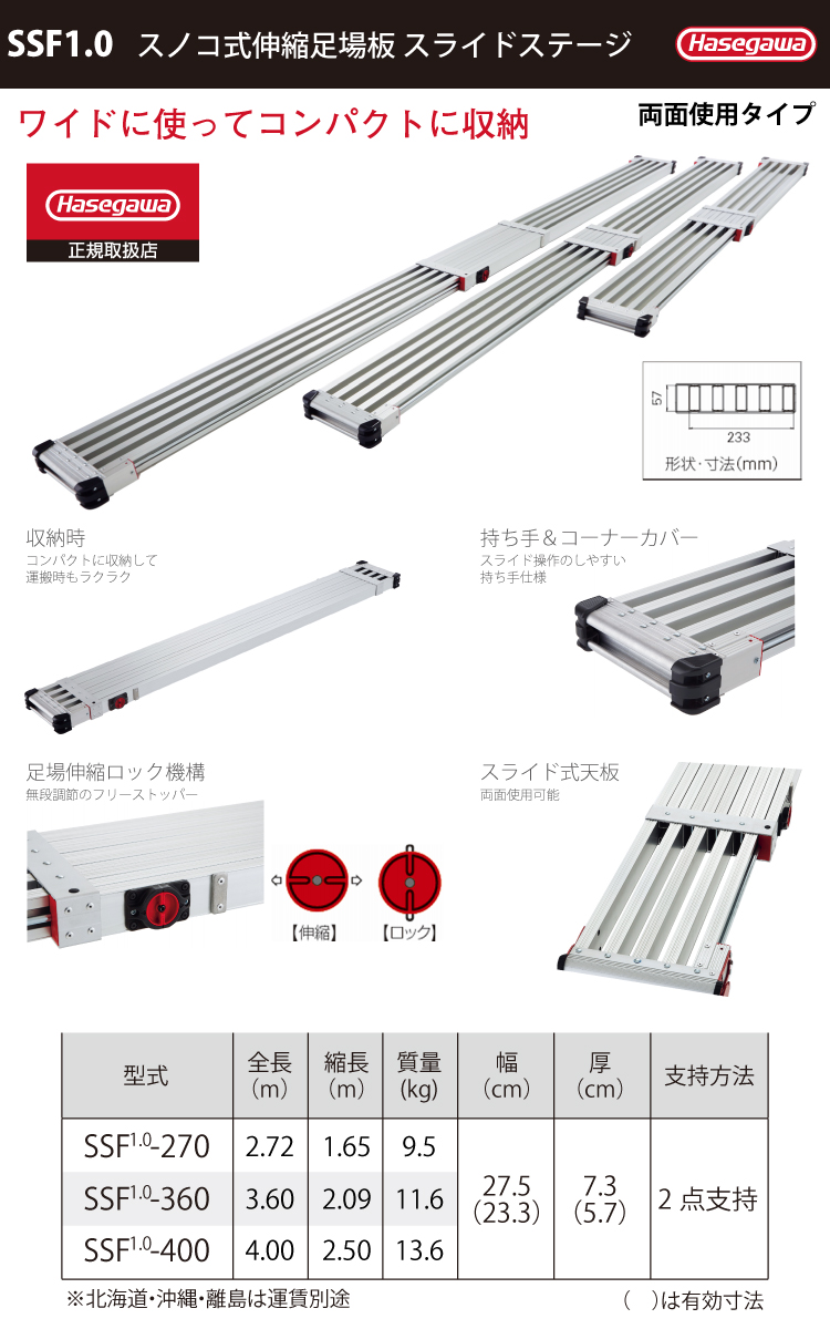 12571円 NEW 長谷川工業 Hasegawa スノコ式伸縮足場板 スライドステージ 両面使用タイプ SSF1.0-360 3.60m