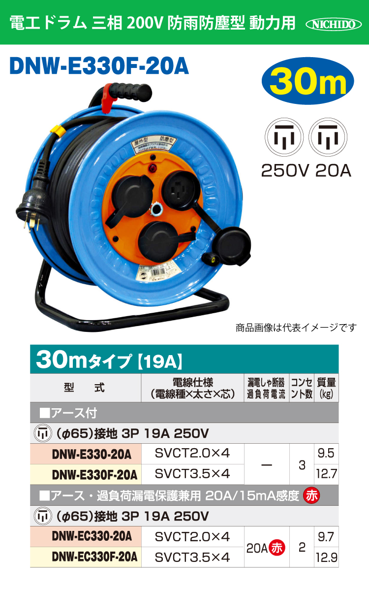 日動工業 防雨・防塵型 動力用電工ドラム 三相200V 4芯 アース付 30m