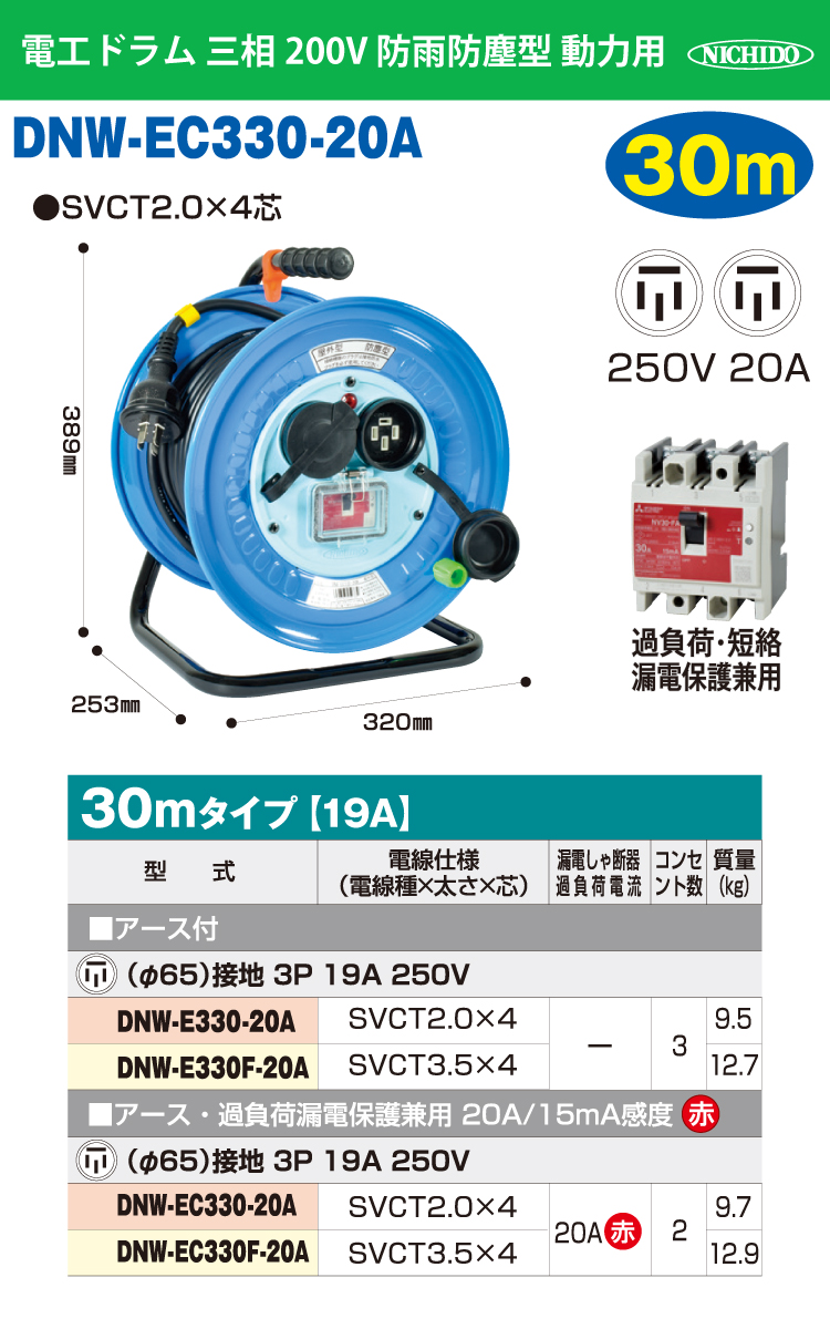 DNW-EC330-20A 日動工業 防雨・防塵型 三相200Vドラム (屋外型