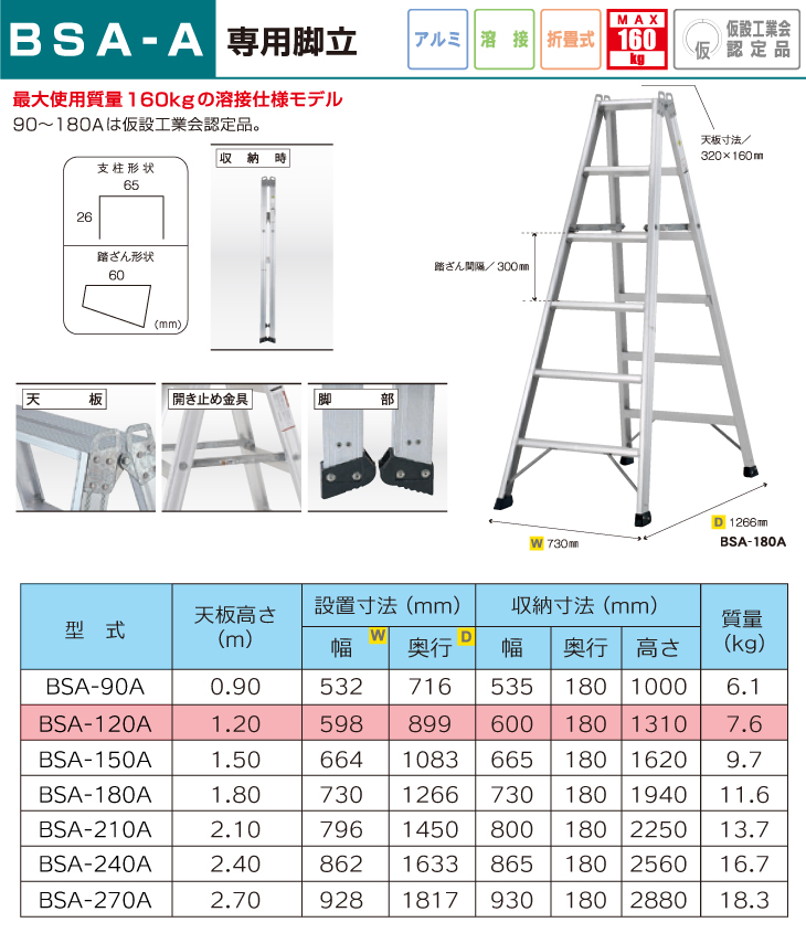 機械と工具のテイクトップ / アルインコ (法人様名義限定) 専用脚立 BSA120A 天板高さ(m)：1.2 使用質量(kg)：160