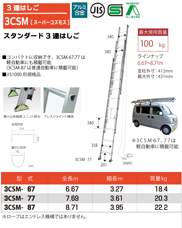 機械と工具のテイクトップ / ピカ/Pica 3連はしご スーパーコスモス 3CSM-77 最大使用質量：100kg 全長：7.69m 軽自動車に積載可