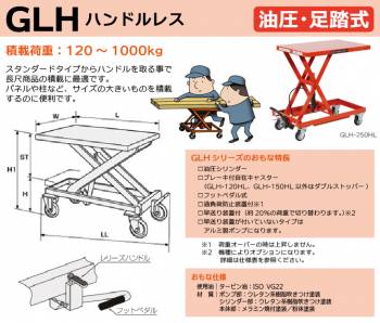 東正車輌 (配送先法人限定) 昇降台車（ハンドルレス) 500kg GLH-500SWHL 油圧．足踏式 ゴールドリフター ※重量物の為お引渡しは車上渡しとなります。