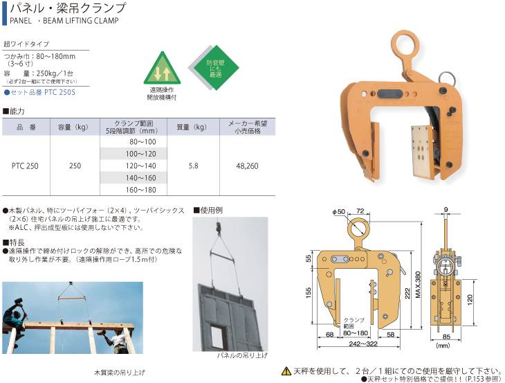 スーパーツール パネル・梁吊クランプ PTC250 容量(kg)：250
