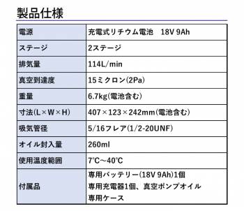 BBK 電磁弁付充電式真空ポンプ(9Ah仕様) RP-240SL 2ステージ 排気量114L/min リチウム電池 18V 真空到達度15ミクロン オイル封入量:260ml