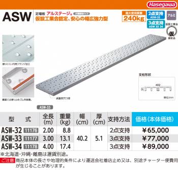 長谷川工業 ハセガワ 足場板 ASW-32 全長：2.00m 最大使用質量：240kg アルステージ