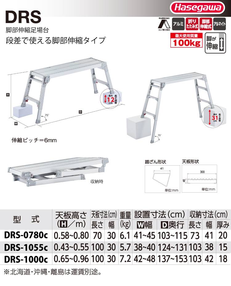 【人気商品】長谷川工業Hasegawa 脚部伸縮天板幅広足場台 DRSW-100
