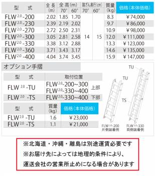 長谷川工業 1連はしご FLW2.0-TS 重量：1.1kg オプション手摺 ハセガワ