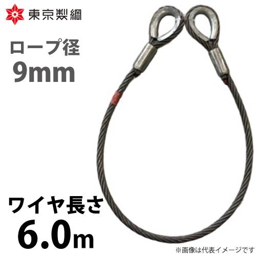 東京製綱 ワイヤーロープ ハイクロスワイヤ 両シンブルトヨロック ワイヤ径：9mm 長さ：6.0m 重量：2.02kg