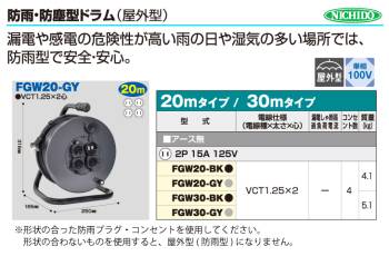 日動工業 電工ドラム 防雨・防塵型ドラム FGW20-BK 20m アース無 2P/15A/125V コンセント数:4 質量:4.1kg グッドリール