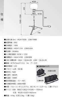 日動工業 LEDミニバルーンライト 三脚セット マイノウミー LBA-150LN-G 屋内・屋外対応 IP65 メタハラ300Wクラス 昼白色