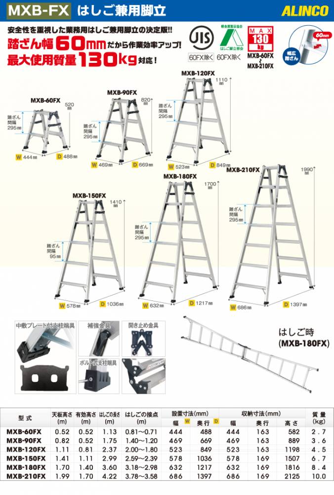 機械と工具のテイクトップ / アルインコ (配送先法人限定) はしご兼用脚立 MXB-180FX 天板高さ：1.70m 最大使用質量：130kg