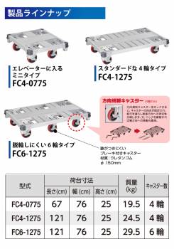 長谷川工業 FCアルミ運搬台車 イットン台車 FC4-1275 最大積載質量：1t 荷台寸法：121×76cm 高さ:25cm 質量:24.5kg キャスター数:4輪 ハセガワ