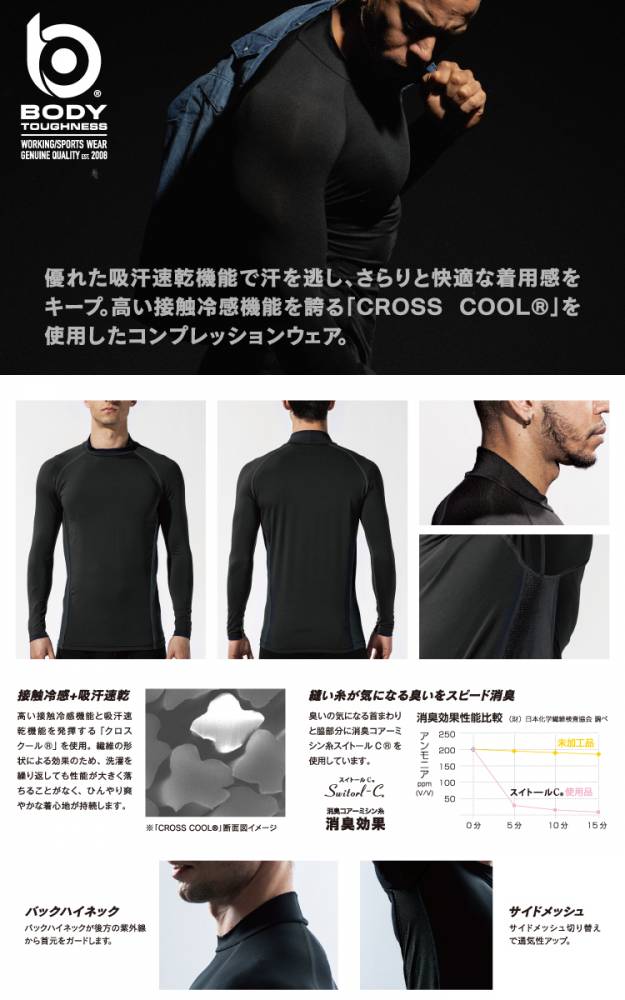 機械と工具のテイクトップ / おたふく手袋 接触冷感・消臭 長袖ハイネックシャツ JW-625 5枚セット 黒 Mサイズ UV CUT ストレッチ  コンプレッション