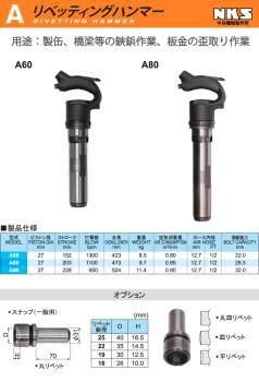 中谷機械製作所 リベッティングハンマー A60 エアーツール 全長：423mm 重量：8.5kg 打撃数：1,300pm 製缶 橋梁等の鋏鋲作業 板金の歪取り作業 NKS