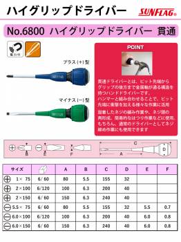 サンフラッグ ハイグリップドライバー 貫通型 No.6800 マイナス型 サイズ:5.5×75 新亀製作所 作業工具