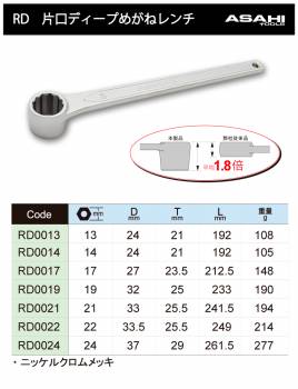 旭金属工業 片口ディープめがねレンチ 14mm RD0014 ニッケルクロムメッキ 作業工具 奥まった場所のボルト・ナットにアクセスでき締結可能