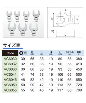 旭金属工業 クローフートレンチ スパナタイプ VC6030 差込角19.0mm(3/4”) 対辺寸法:30mm 全長:89mm