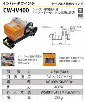 育良精機 (配送先法人様限定) インバーターウインチ CW-IV400 引張力：4.3kN（MAX）