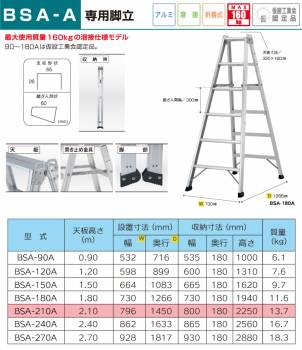 アルインコ 専用脚立 BSA210A 天板高さ(m)：2.1 使用質量(kg)：160