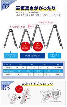 アルインコ 軽量型 伸縮脚付専用脚立 KARU-150 4段 (4尺・5尺) 天板高さ：1.11～1.41m