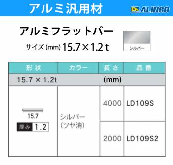 アルインコ アルミフラットバー 1本 15.7mm×1.2t 長さ：2m カラー：シルバーつや消し LD109S2 重量：0.10kg 汎用材 アルミ型材 エクステリア リフォーム等