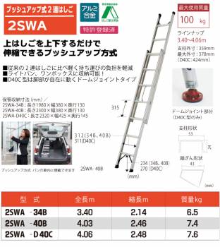 ピカ/Pica プッシュアップ式 2連はしご 2SWA-40B 最大使用質量：100kg  全長：4.03m 　バンの車内に積載可