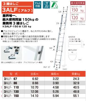 ピカ/Pica 3連はしご　アルフ 3ALF-110 最大使用質量：150kg  全長：10.7m