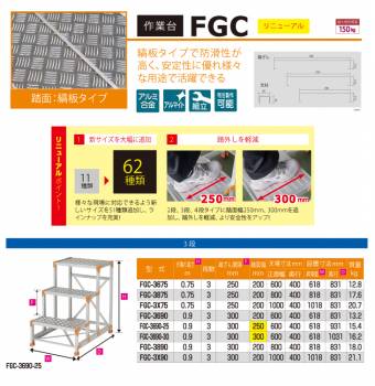 ピカ/Pica 作業台（Danchiシリーズ) FGC-3675 踏面：縞板タイプ 最大使用質量：150kg  天場高さ：0.75ｍ 段数：3 質量：12.8kg ダンチ