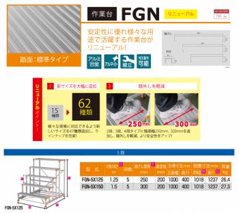 ピカ/Pica 作業台（Danchiシリーズ) FGN-5X150 路面：標準タイプ 最大使用質量：150kg  天場高さ：1.5ｍ 段数：5 質量：27.3kg ダンチ