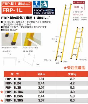 ピカ/Pica FRP製 1連はしご（ポールグリップ付） FRP-1L24G 最大使用質量：100kg  全長：2.44m