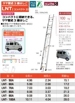 ピカ/Pica サヤ管式 3連はしご　コンパクト3 LNT-50A 最大使用質量：100kg  全長：4.96m  軽自動車に積載可