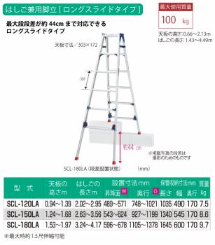 ピカ /Pica 四脚アジャスト式はしご兼用脚立 かるノビ SCL-150LA ロングスライドタイプ 最大使用質量:100kg  天板高さ:1.24〜1.68m