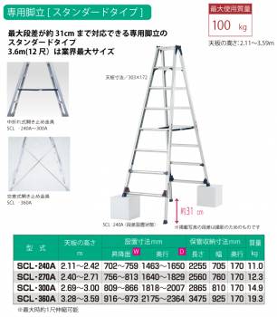 ピカ /Pica 四脚アジャスト式専用脚立 かるノビ SCL-270A スタンダードタイプ 最大使用質量：100kg  天板高さ：2.40～2.71m