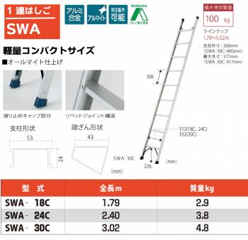 ピカ/Pica 1連はしご SWA-24C 最大使用質量：100kg  全長：2.4m