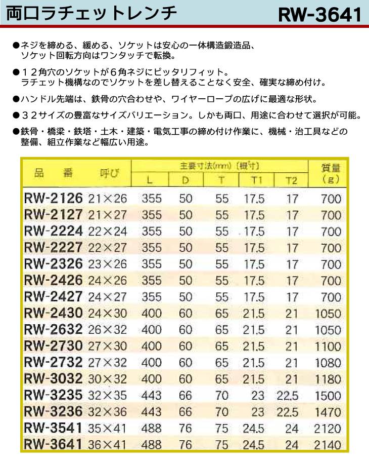 機械と工具のテイクトップ / MCC 両口 ラチェットレンチ RW-3641 36X41