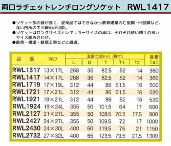 MCC 両口 ラチェットレンチ ロングソケット RWL1417 14X17L