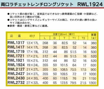 MCC 両口 ラチェットレンチ ロングソケット RWL1924 19X24L